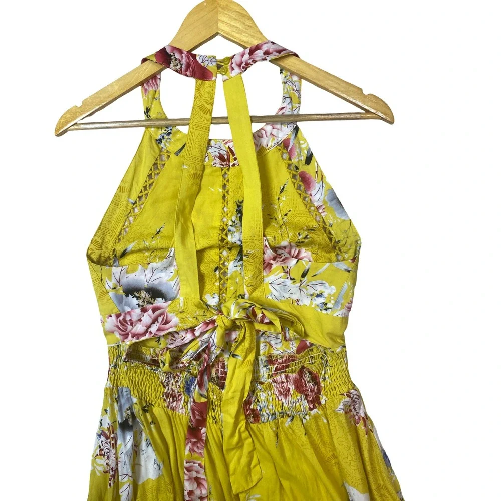 Jaase Yellow Floral Halter‎ Maxi Dress XL Crochet Smocked Vacay Tropical Boho